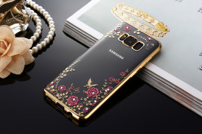Луксозен силиконов гръб ТПУ ултратънък с 3D камъни и златист кант за  Samsung Galaxy S8 G950 розови цветя
